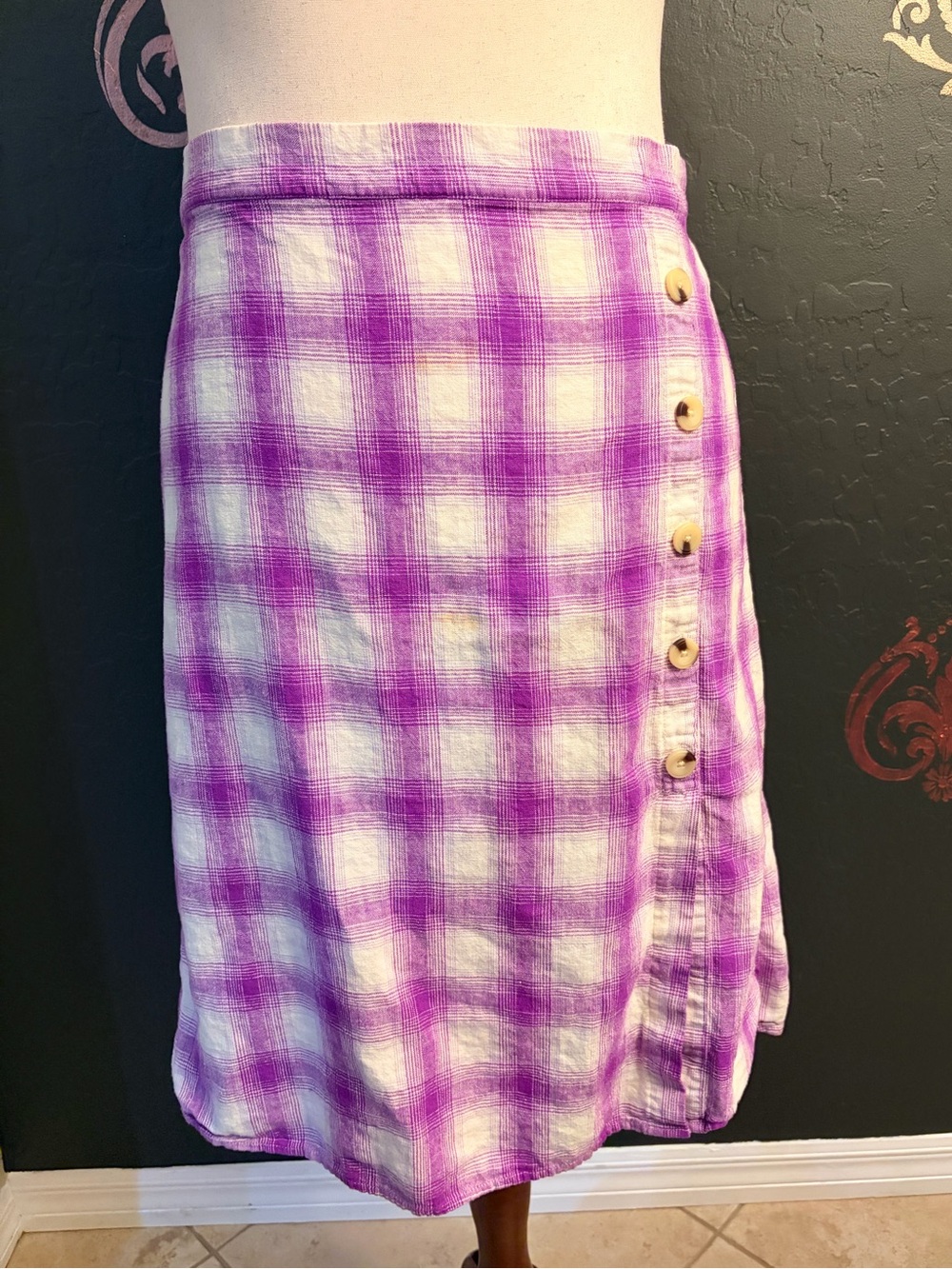 LOFT Purple and White Plaid Mini Skirt with Side Buttons